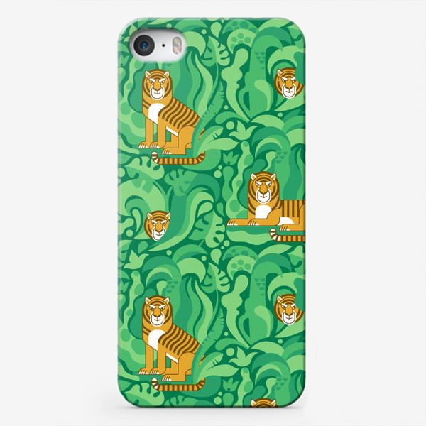 Чехол iPhone «Тигры среди тропического леса. Символ 2022. Паттерн»