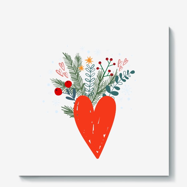 Холст «Новогодняя иллюстрация сердце, новогодний букет и снежинки»