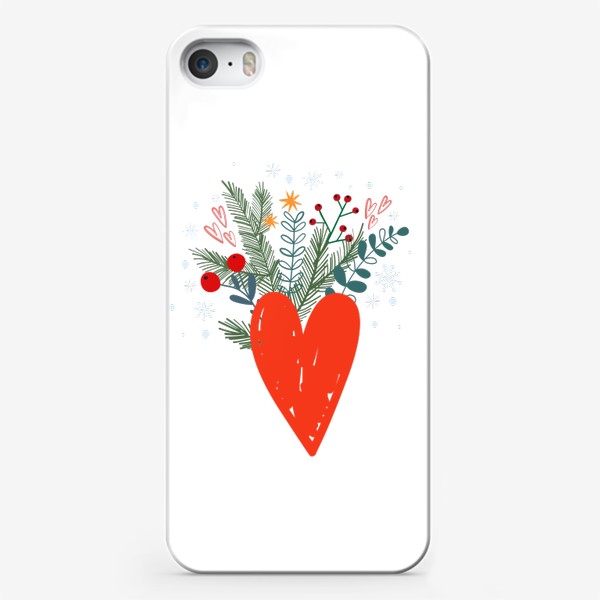 Чехол iPhone «Новогодняя иллюстрация сердце, новогодний букет и снежинки»