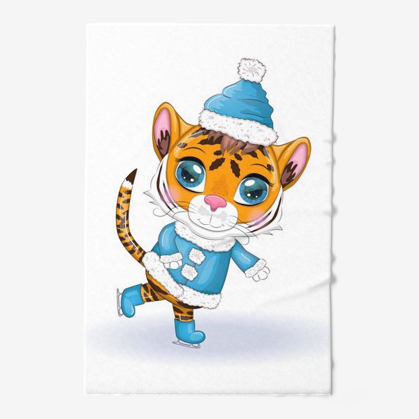 Полотенце &laquo;Тигр мальчик в голубом костюме на коньках. НГ 2022&raquo;