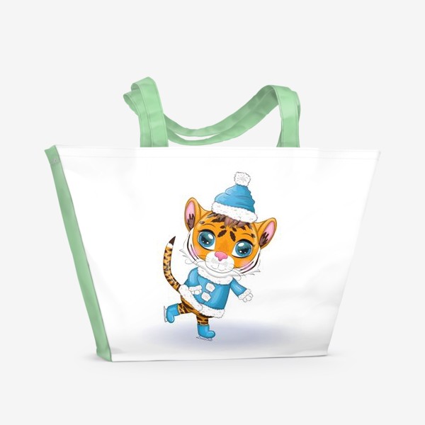 Пляжная сумка «Тигр мальчик в голубом костюме на коньках. НГ 2022»