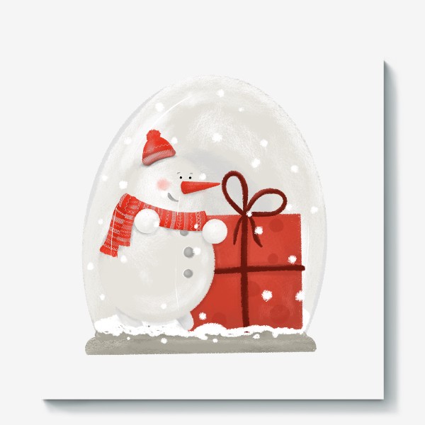 Холст «Снеговик. Снежный шар. волшебство. Подарок. Новый год, Рождество. Дед Мороз, Санта Клаус. Зима. Снег, шарф, шапка»