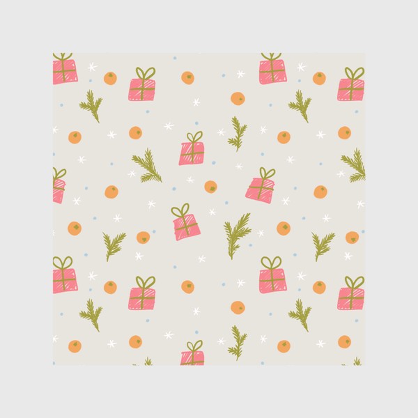 Скатерть «Паттерн с подарками, мандаринами и еловыми веточками в наивном стиле. Новогодний паттерн»
