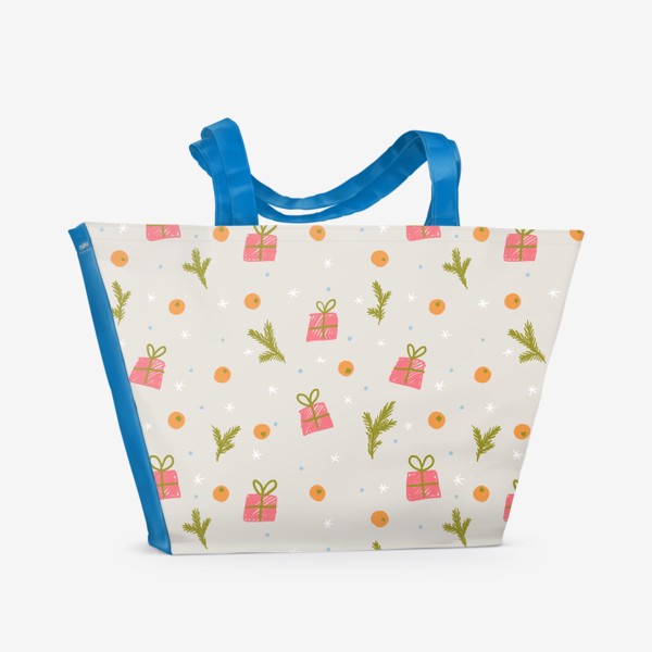 Пляжная сумка «Паттерн с подарками, мандаринами и еловыми веточками в наивном стиле. Новогодний паттерн»