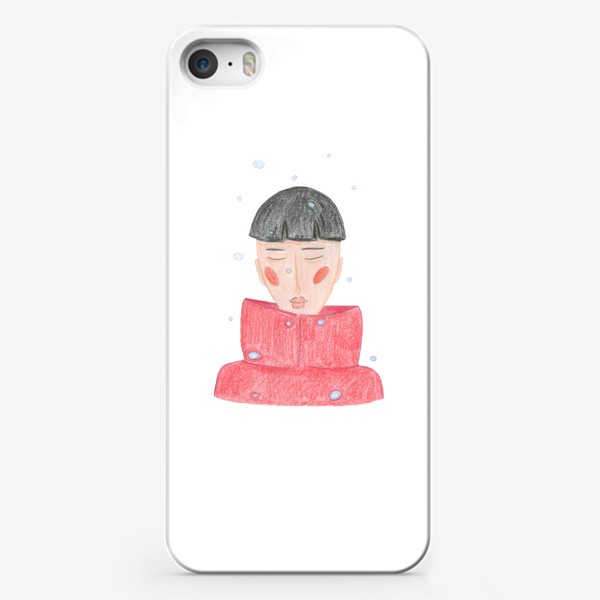 Чехол iPhone «Мальчик в красном пуховике под снегом Минимализм»