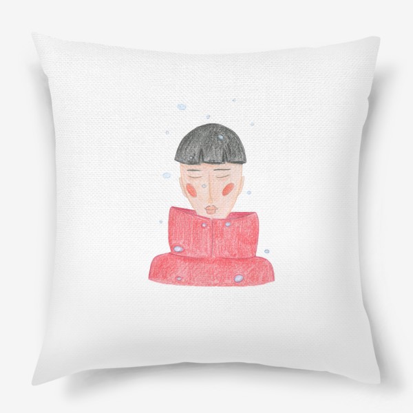 Подушка «Мальчик в красном пуховике под снегом Минимализм»