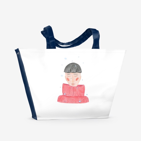 Пляжная сумка «Мальчик в красном пуховике под снегом Минимализм»