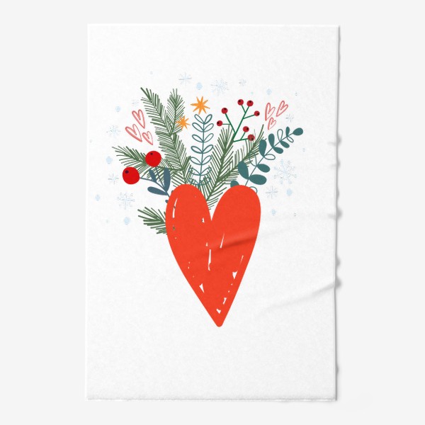 Полотенце «Новогодняя иллюстрация сердце, новогодний букет и снежинки»
