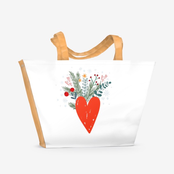 Пляжная сумка «Новогодняя иллюстрация сердце, новогодний букет и снежинки»