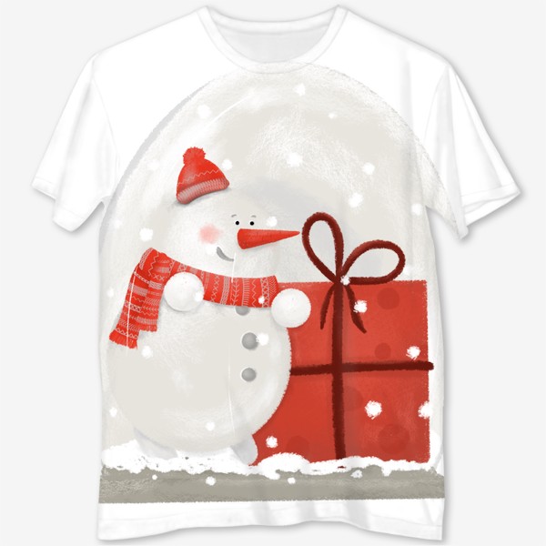 Футболка с полной запечаткой «Снеговик. Снежный шар. волшебство. Подарок. Новый год, Рождество. Дед Мороз, Санта Клаус. Зима. Снег, шарф, шапка»