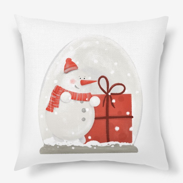 Подушка «Снеговик. Снежный шар. волшебство. Подарок. Новый год, Рождество. Дед Мороз, Санта Клаус. Зима. Снег, шарф, шапка»
