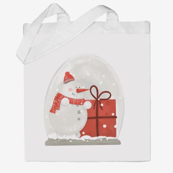Сумка хб «Снеговик. Снежный шар. волшебство. Подарок. Новый год, Рождество. Дед Мороз, Санта Клаус. Зима. Снег, шарф, шапка»