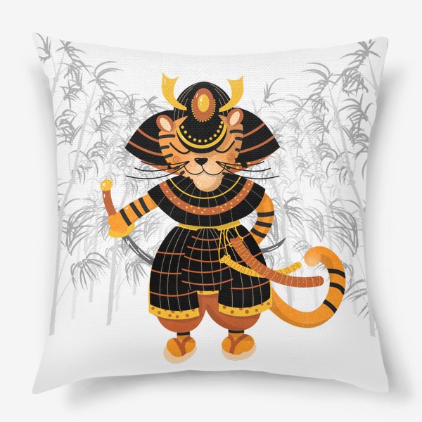 Подушка «Тигр-самурай на фоне бамбука. Веселый персонаж. Гороскоп Год Тигра»