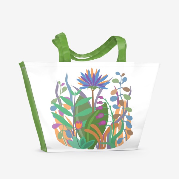 Пляжная сумка &laquo;Цветочная композиция №5. (Синий, оранжевый, фиолетовый, зеленый).&raquo;