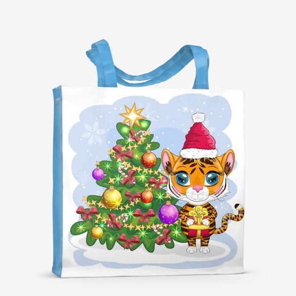 Сумка-шоппер «Тигр с подарком возле новогодней елки. Новый год 2022»