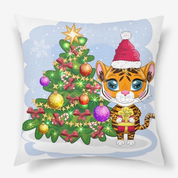 Подушка «Тигр с подарком возле новогодней елки. Новый год 2022»