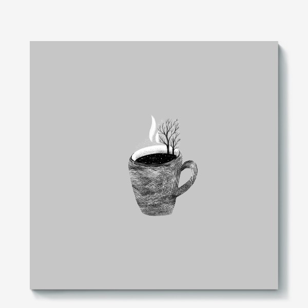Холст «Чашка чая и деревья. Зимний пейзаж на сером фоне»