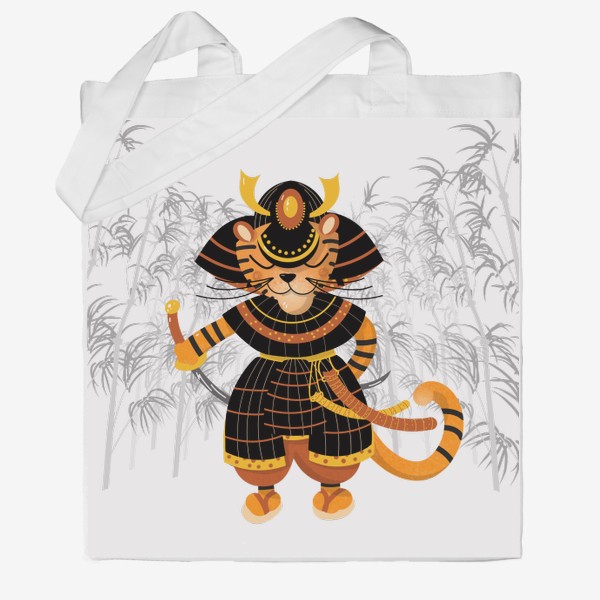 Сумка хб «Тигр-самурай на фоне бамбука. Веселый персонаж. Гороскоп Год Тигра»