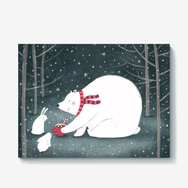 Холст «Счастливого Нового года и Рождества. Мишка в лесу»
