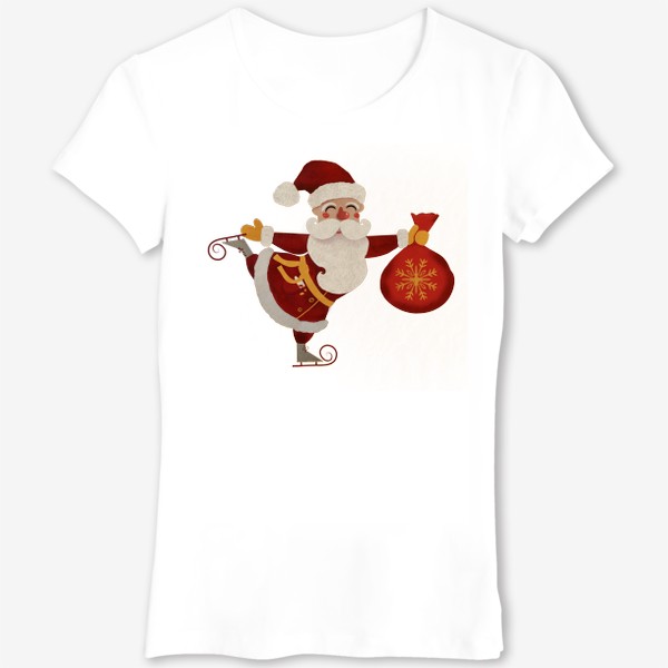 Футболка &laquo;Дед Мороз с мешком подарков на коньках. Акварель. Смешанная техника&raquo;