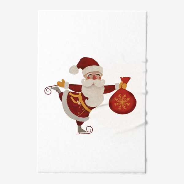 Полотенце «Дед Мороз с мешком подарков на коньках. Акварель. Смешанная техника»
