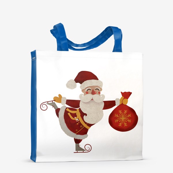 Сумка-шоппер «Дед Мороз с мешком подарков на коньках. Акварель. Смешанная техника»