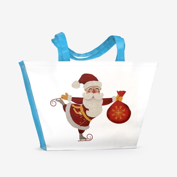Пляжная сумка «Дед Мороз с мешком подарков на коньках. Акварель. Смешанная техника»