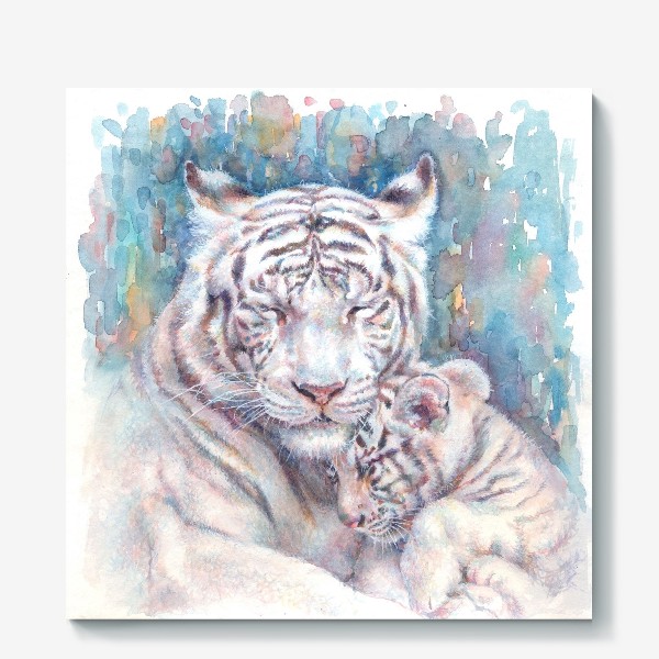 Холст «Белые тигры, тигренок, тигрица, год тигра »