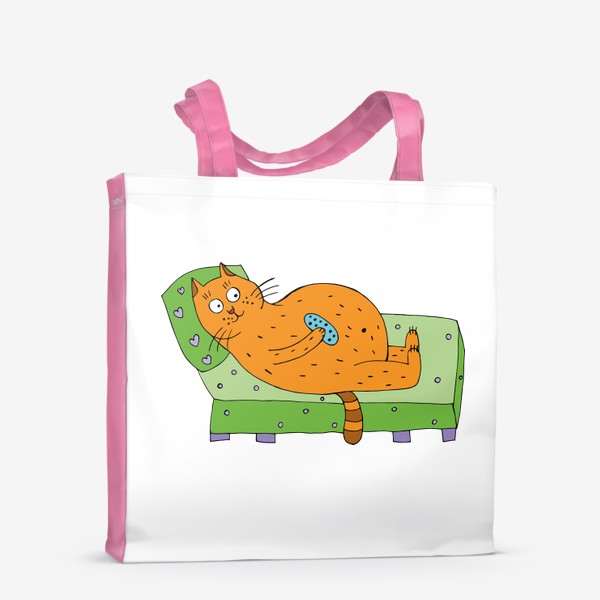 Сумка-шоппер «Смешной кот лежит на диване с пультом от телевизора»