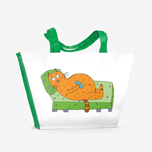 Пляжная сумка «Смешной кот лежит на диване с пультом от телевизора»
