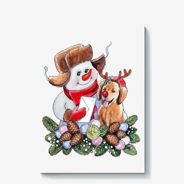 Холст «Снеговик-почтовик с собачкой»