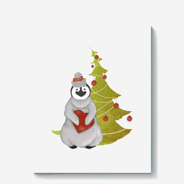Холст «Пингвин в шапке с сердцем на фоне ёлки (Новый год, зима)»