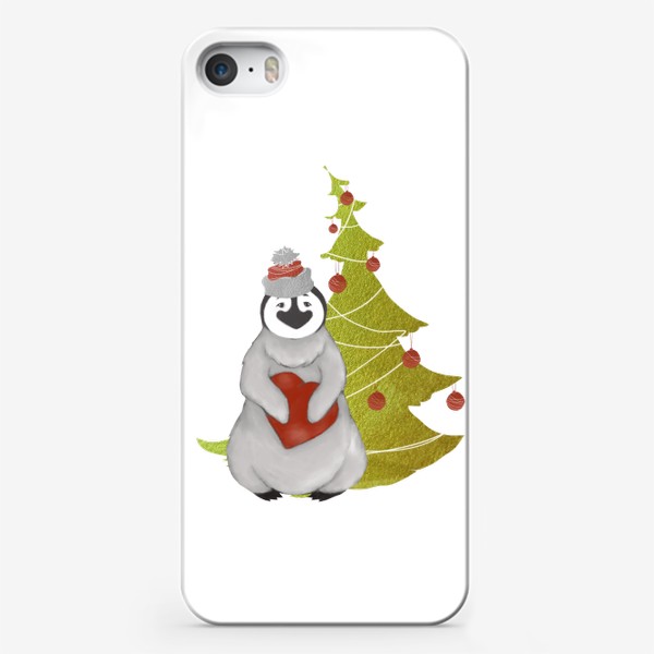Чехол iPhone «Пингвин в шапке с сердцем на фоне ёлки (Новый год, зима)»