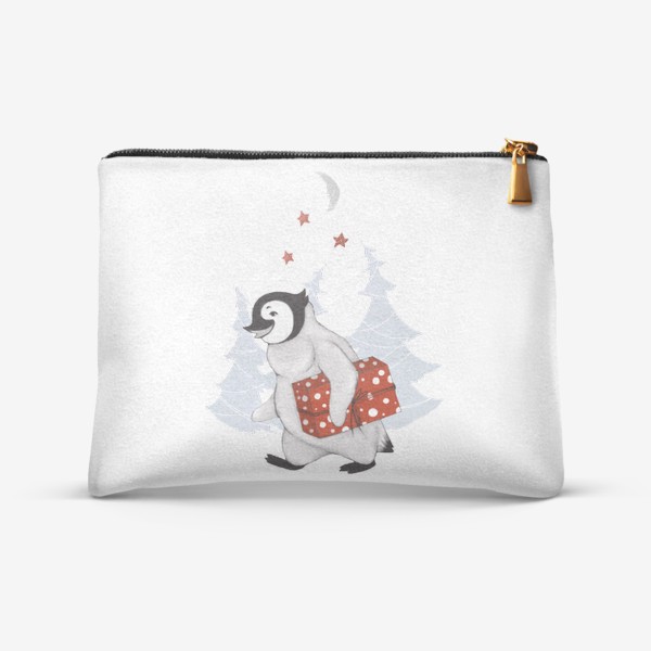 Косметичка «Пингвин с подарком на фоне ёлок (Новый год, зима)»