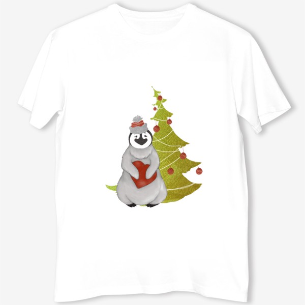 Футболка «Пингвин в шапке с сердцем на фоне ёлки (Новый год, зима)»