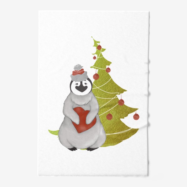 Полотенце «Пингвин в шапке с сердцем на фоне ёлки (Новый год, зима)»
