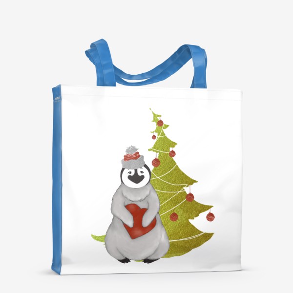 Сумка-шоппер &laquo;Пингвин в шапке с сердцем на фоне ёлки (Новый год, зима)&raquo;