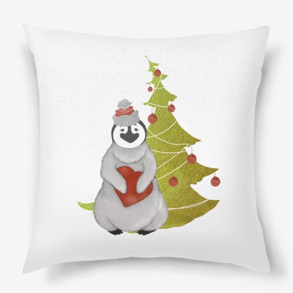 Подушка «Пингвин в шапке с сердцем на фоне ёлки (Новый год, зима)»