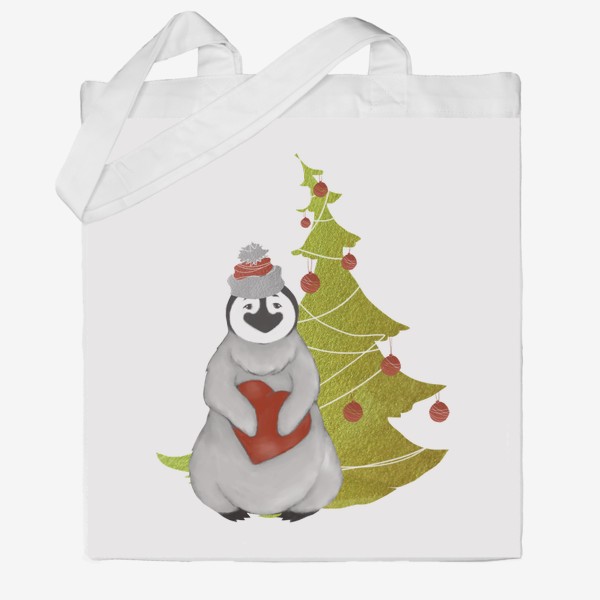 Сумка хб «Пингвин в шапке с сердцем на фоне ёлки (Новый год, зима)»