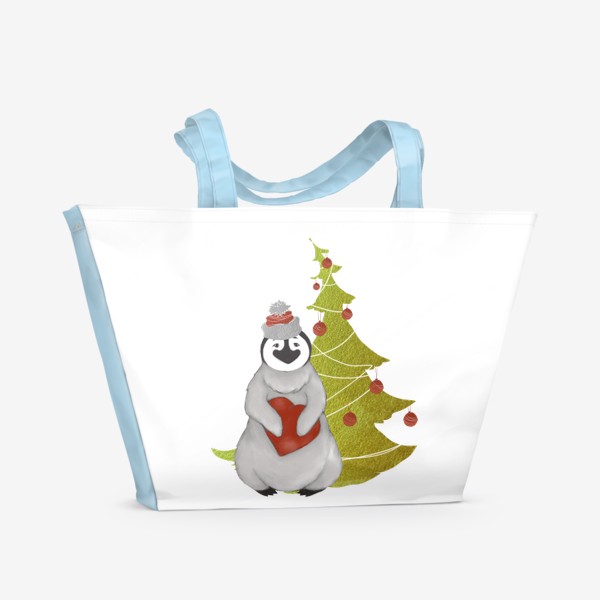 Пляжная сумка &laquo;Пингвин в шапке с сердцем на фоне ёлки (Новый год, зима)&raquo;