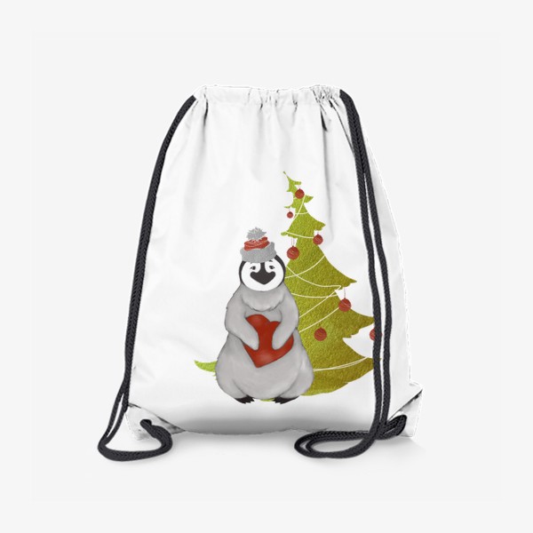 Рюкзак «Пингвин в шапке с сердцем на фоне ёлки (Новый год, зима)»