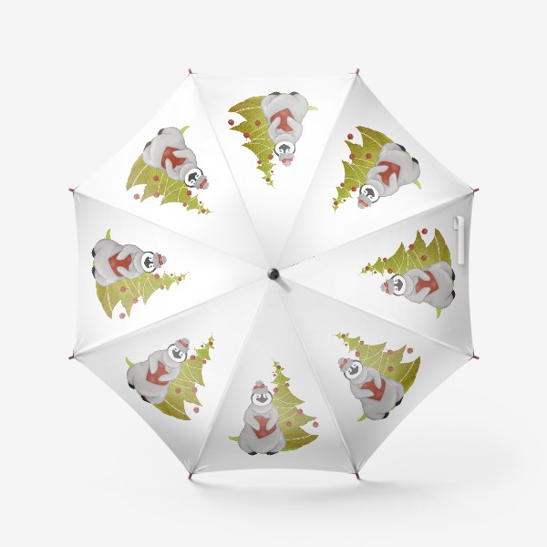 Зонт «Пингвин в шапке с сердцем на фоне ёлки (Новый год, зима)»