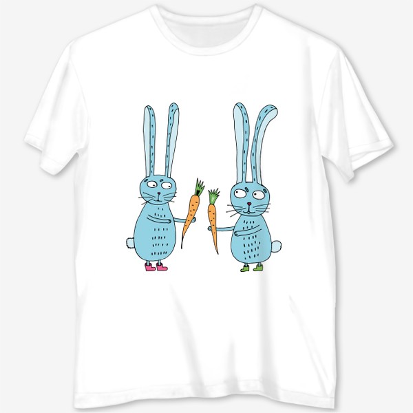 Футболка с полной запечаткой «Влюбленные зайцы дарят друг другу морковки»