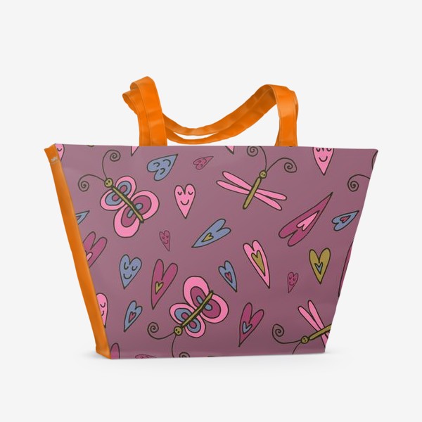 Пляжная сумка «Розовые сердечки с бабочками»