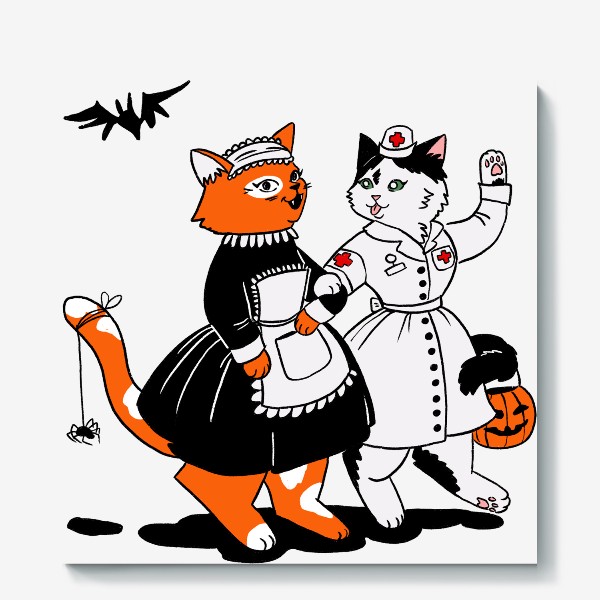 Холст &laquo;Кошечки в костюмах горничная и медсестра кошки&raquo;