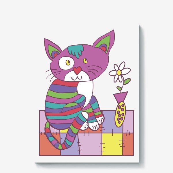 Холст «забавный полосатый кот на коврике с вазой с цветами иллюстрация»