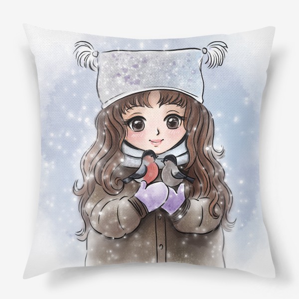 Подушка «Девочка и снегири»