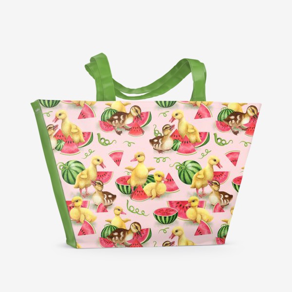 Пляжная сумка &laquo;Утята, арбузы, урожай, утки, уточки, птички, фрукты, плоды, розовый фон&raquo;