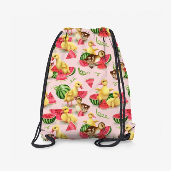 Рюкзак «Утята, арбузы, урожай, утки, уточки, птички, фрукты, плоды, розовый фон»