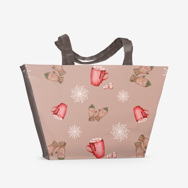 Пляжная сумка «Какао снежинки и варежки новогодний принт »